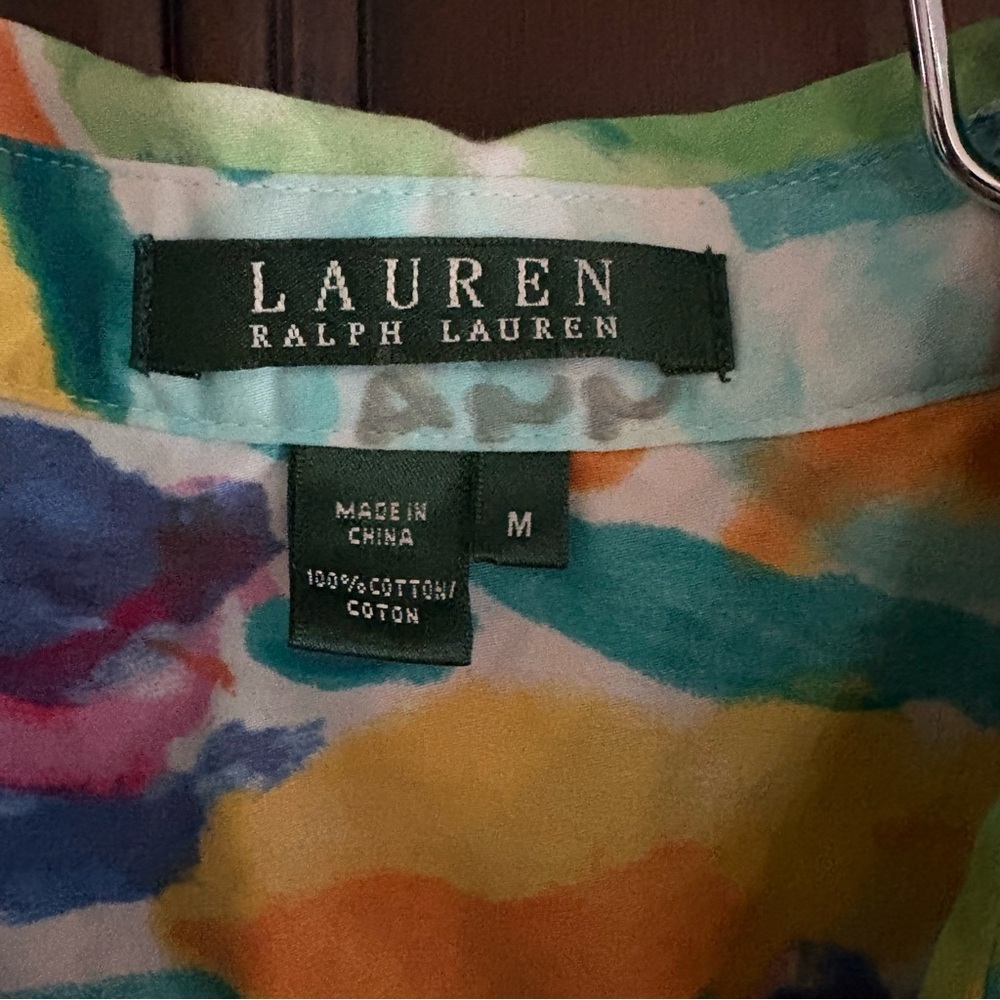 Lauren Ralph Lauren Multicolor Watercolor Print Collared Cotton Blouse Medium - Picture 3 of 4